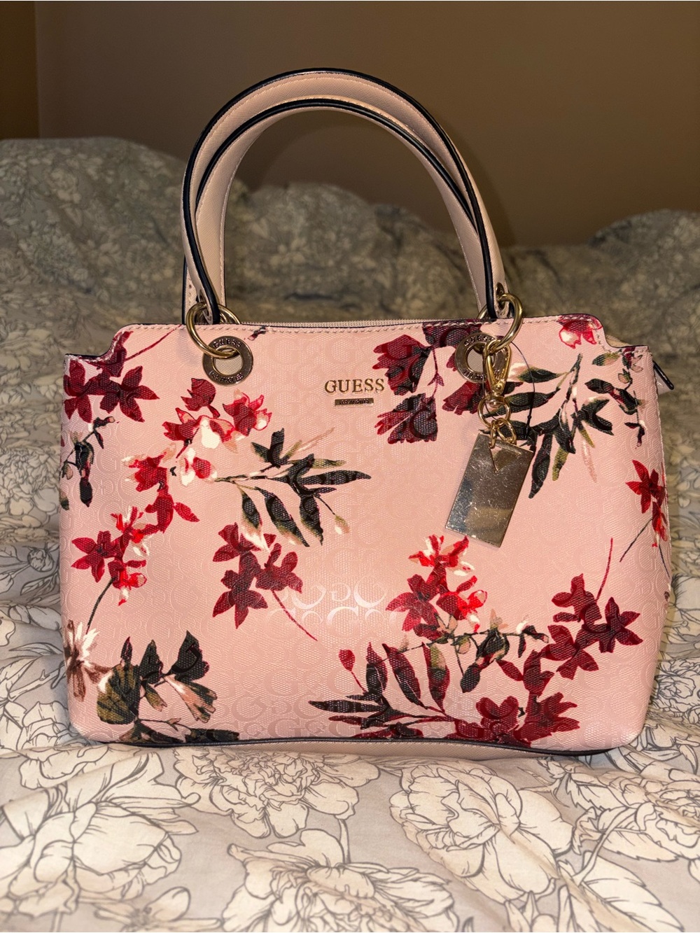 Guess Pink Floral Satchel with Gold Accent Charm (Never Used)